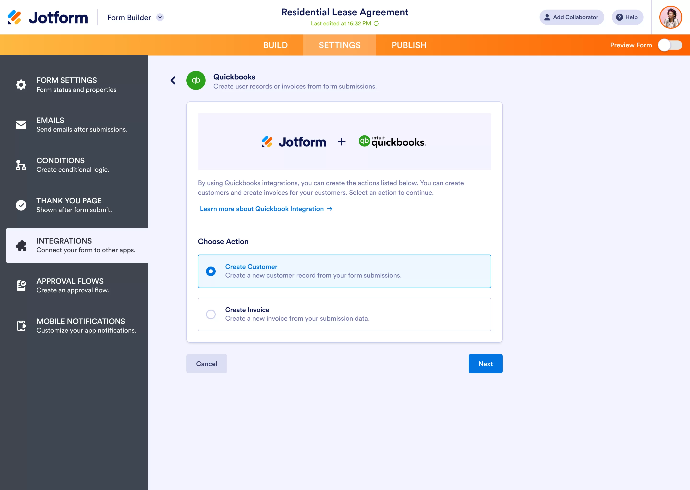 Action selection screen