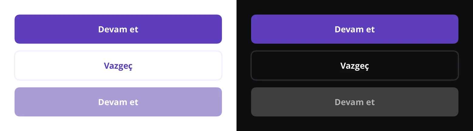 Production buttons in light mode on the left and dark mode on the right: a filled purple primary button, an outlined secondary button, and a disabled primary button.