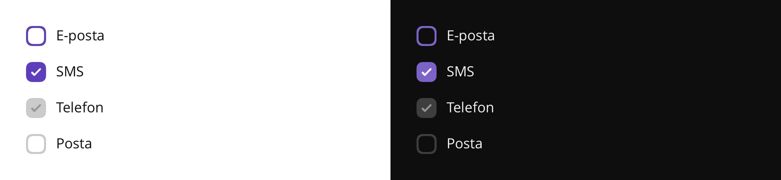 Production checkboxes in light mode on the left and dark mode on the right, in four states: unchecked, checked, checked and disabled, unchecked and disabled.
