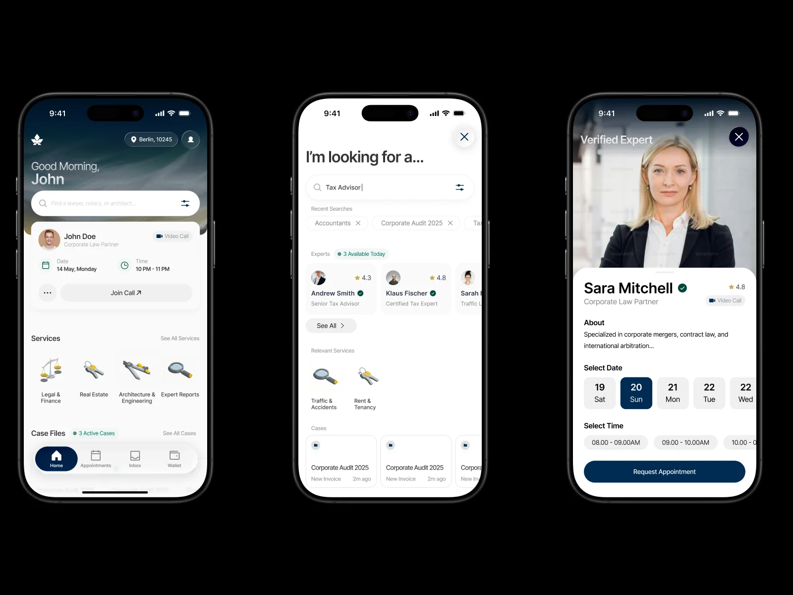 Four Consiligiere customer app screens: two home pages, search results, and a provider profile with a booking picker