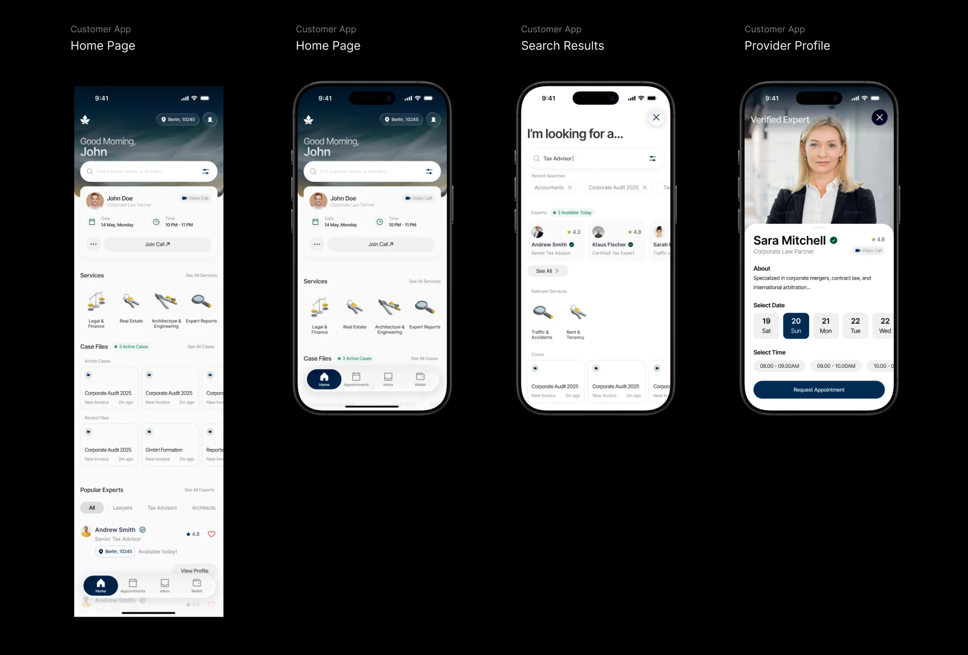 Four customer app screens: two versions of the home page, search results, and a provider profile with a date and time picker.