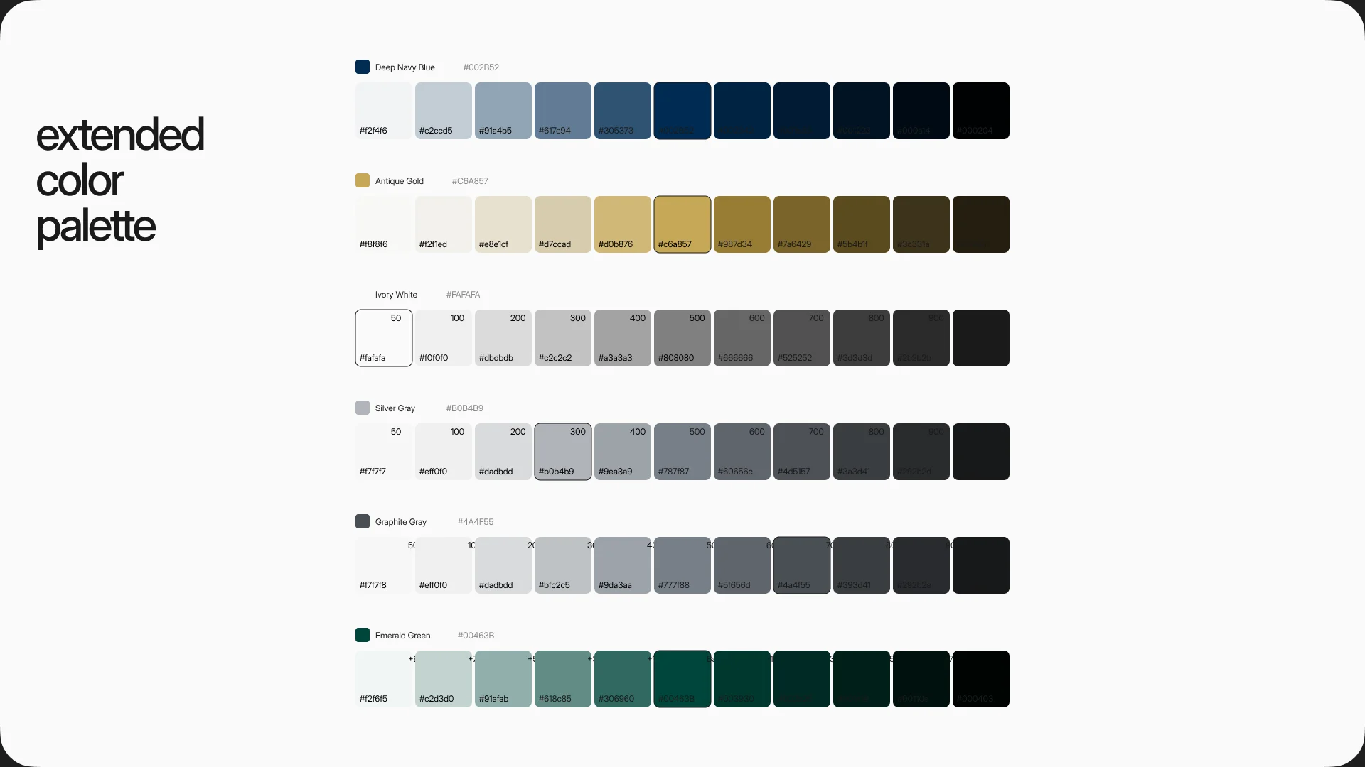 The extended palette: six scales from light to dark for deep navy, antique gold, ivory white, silver gray, graphite gray and emerald green.