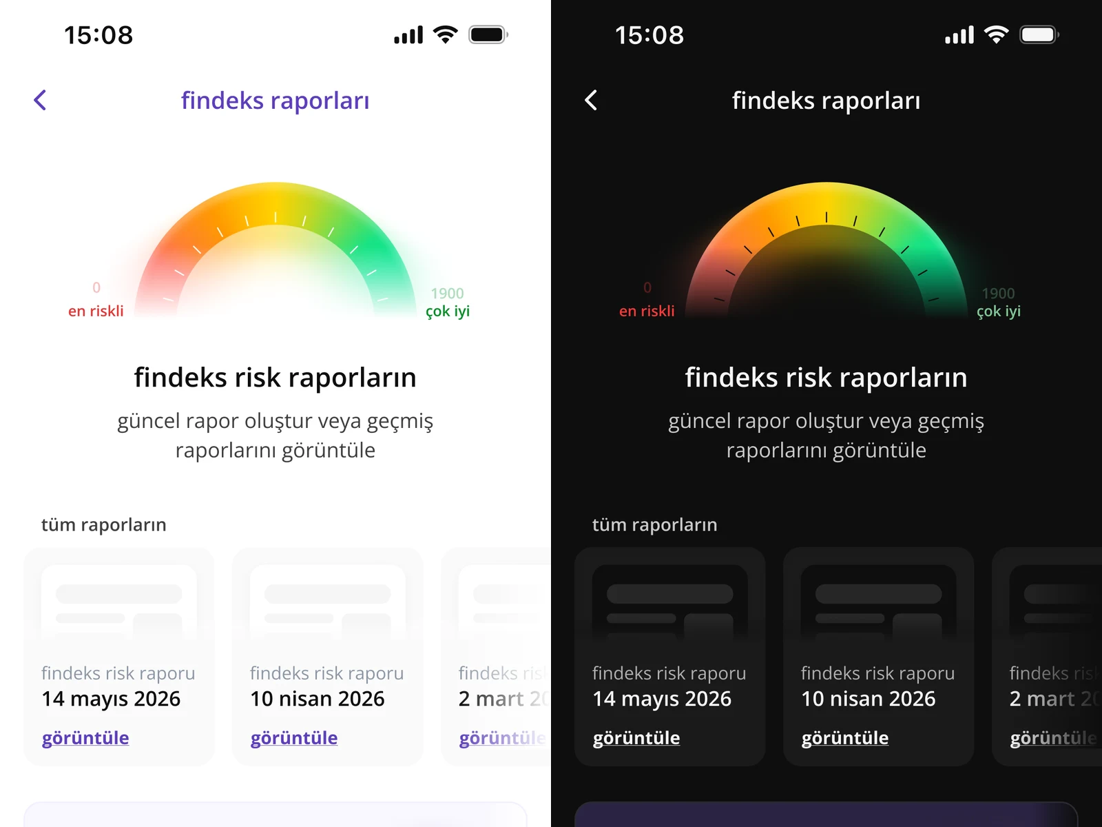 The Findeks reports screen in light mode on the left and dark mode on the right, with a credit score gauge and a row of past reports.