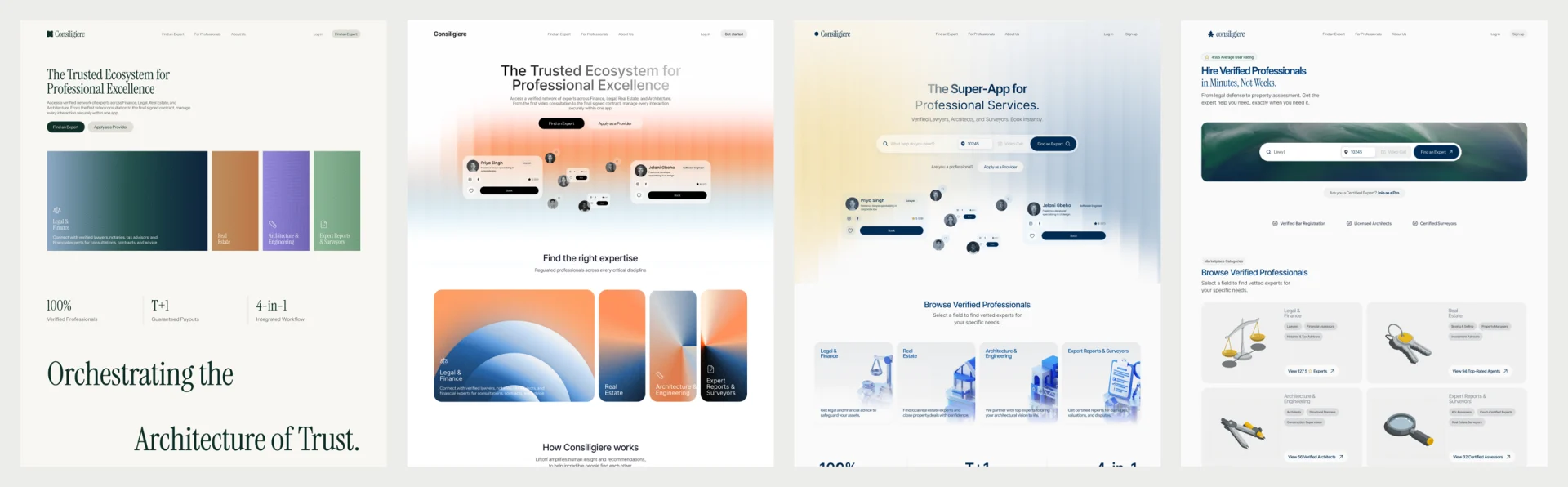 Four landing page concepts side by side: a cream page with one colored card per profession, an orange and blue gradient version, a light blue version with 3D renders, and the final navy version with isometric objects.