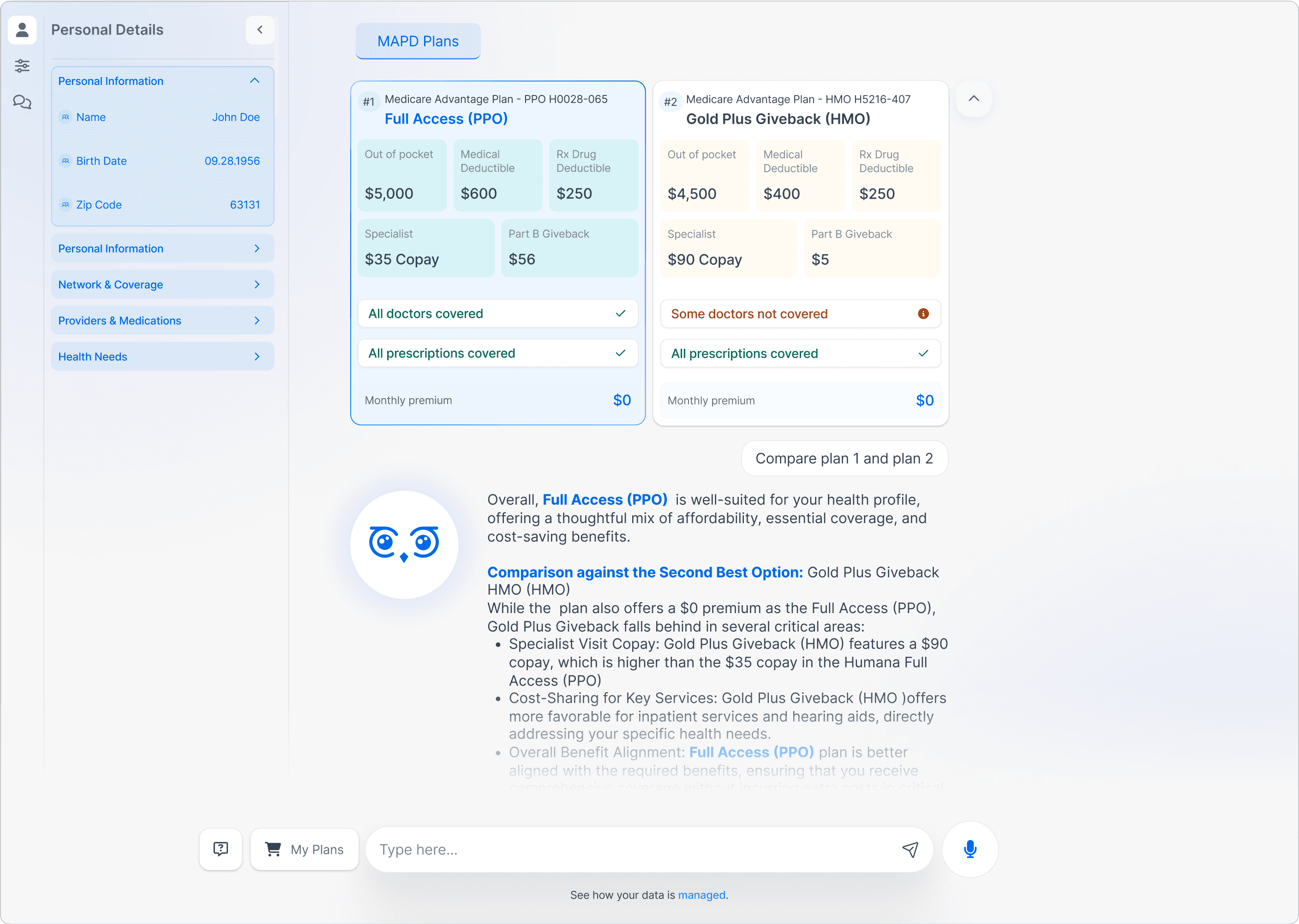 Plan selection interface