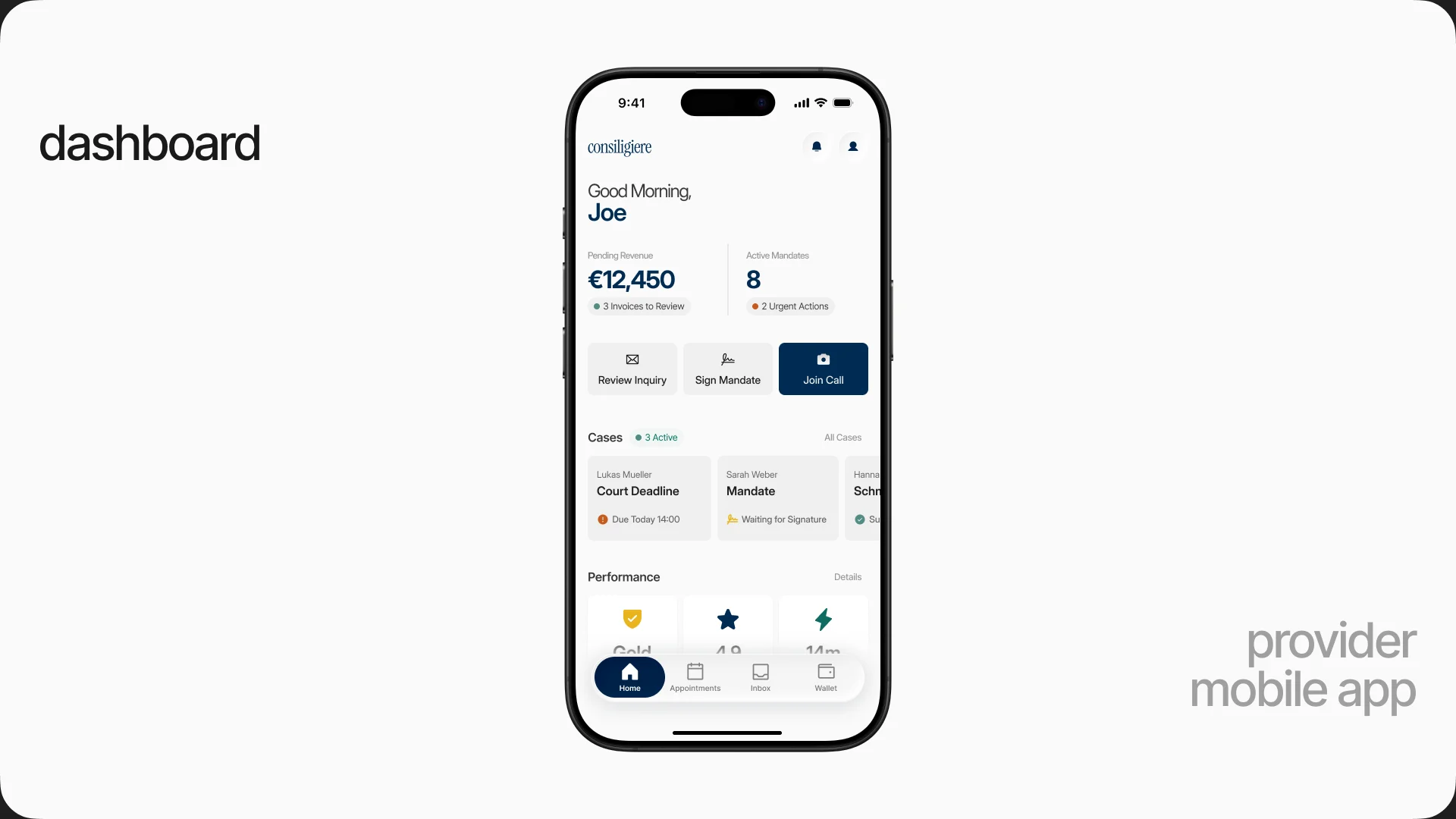 The provider dashboard on iPhone: pending revenue, active mandates with urgent actions, three quick actions and a row of case cards with statuses.