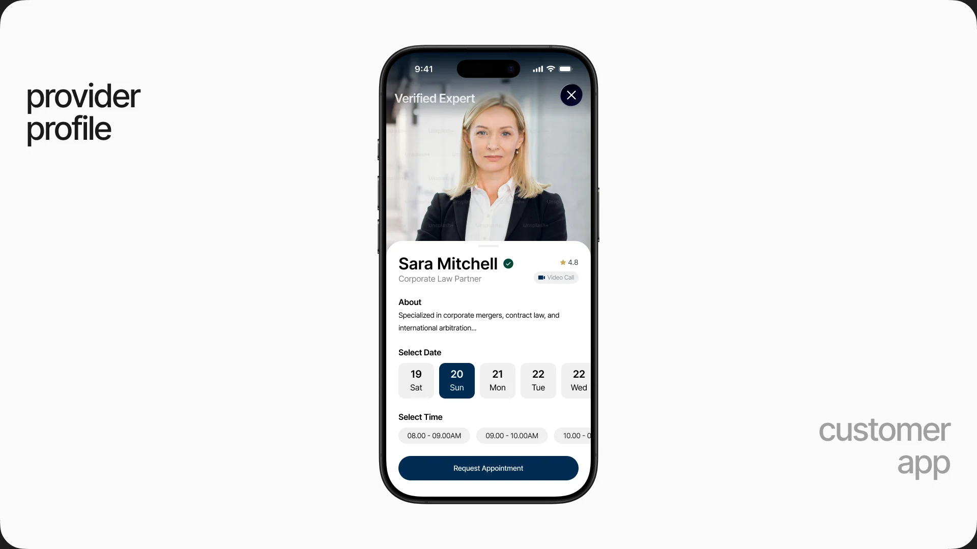 A provider profile for a corporate law partner, with a verified badge, a short bio, a row of dates and a row of time slots above a Request Appointment button.