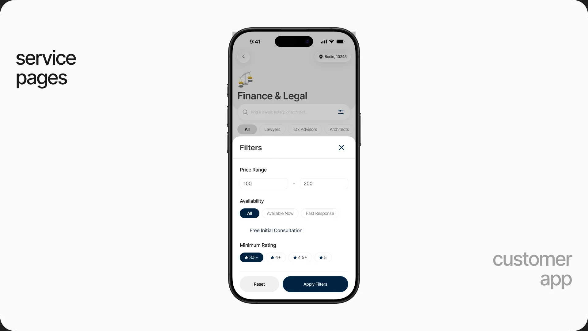 A service page for Finance and Legal with a filter sheet: price range, availability, free initial consultation and minimum rating.