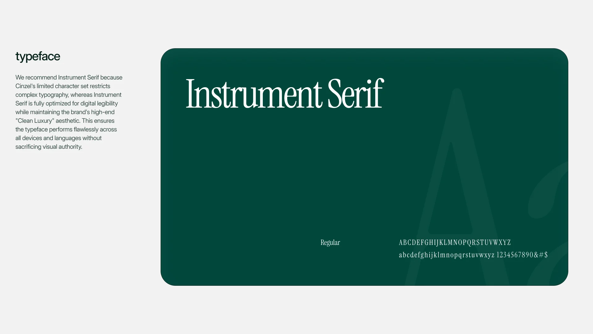 A slide describing Instrument Serif as the display typeface, with a large specimen and its rationale.