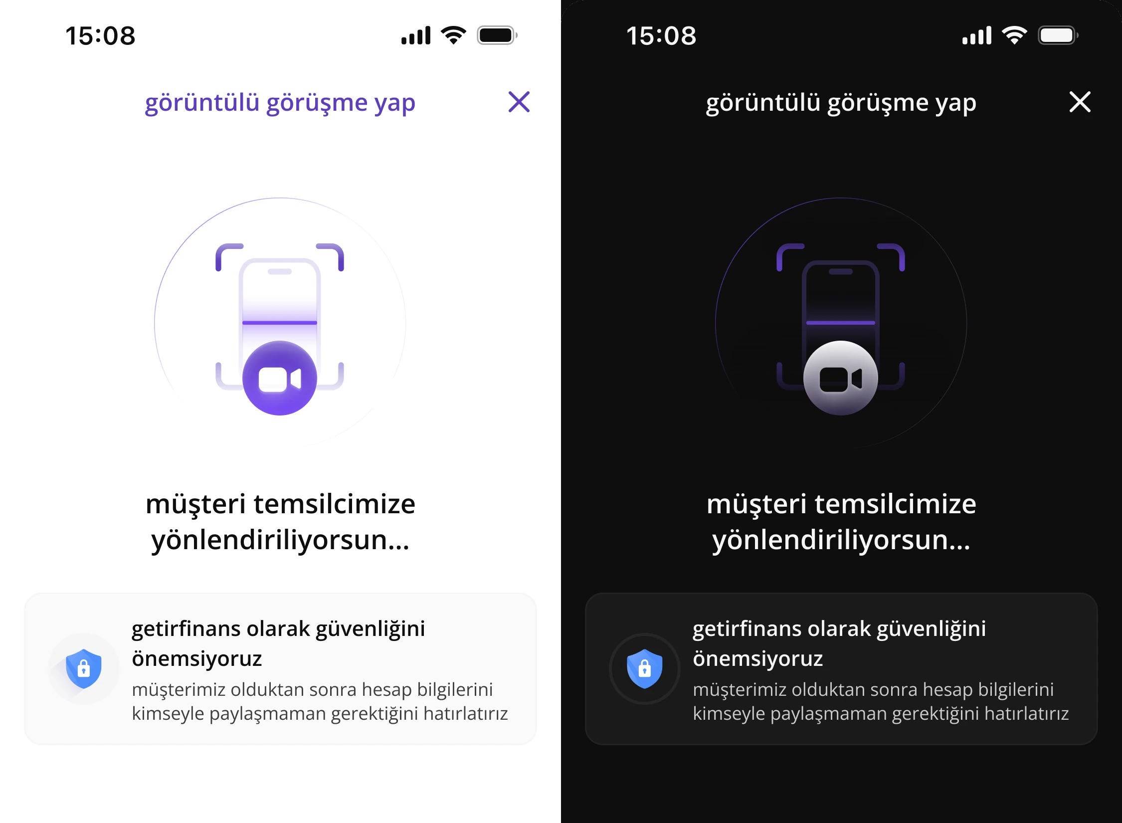 The video call handoff screen in light mode on the left and dark mode on the right: a phone illustration with a camera badge, the message that a representative is being connected, and a security note with a blue shield.