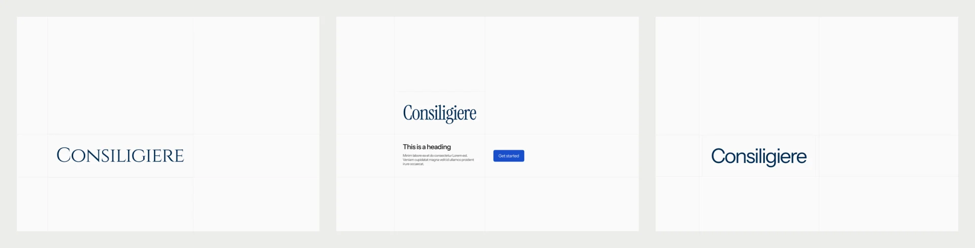 The Consiligiere wordmark set three ways: in Cinzel capitals, in a condensed serif above a sample heading and button, and in a geometric sans.