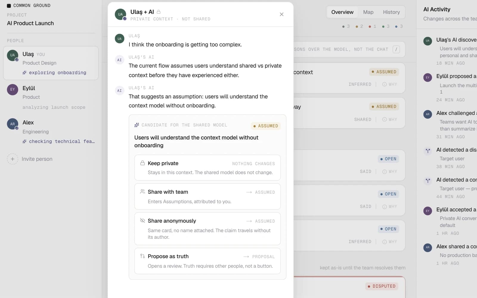 A private AI thread open over a shared knowledge model, offering four ways to move an insight out of the private context
