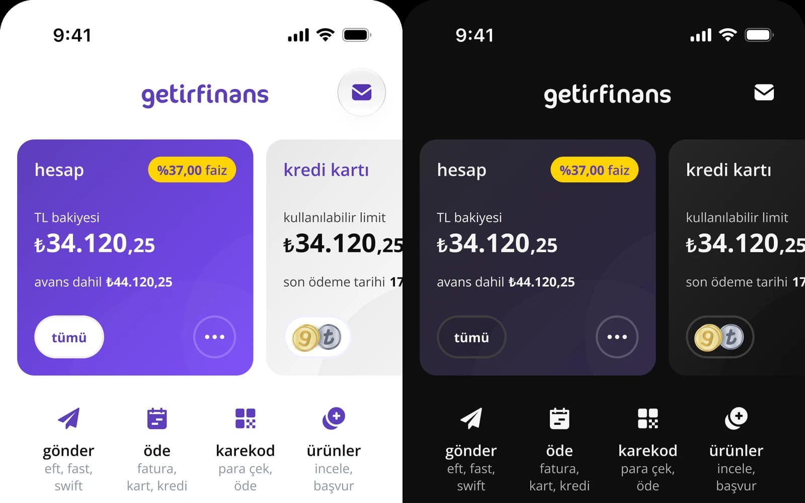 getirfinans home screen shown side by side in light and dark mode