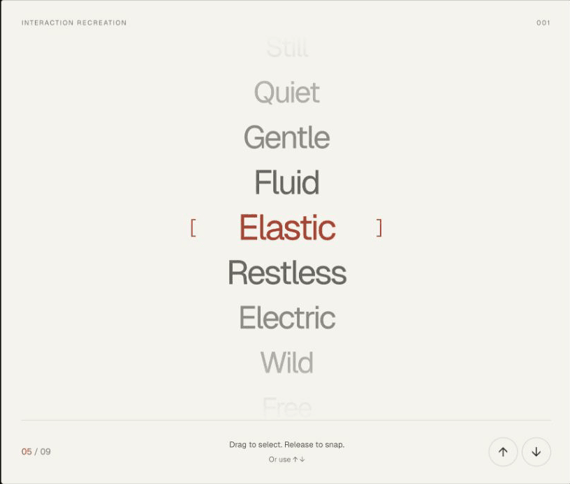 An elastic vertical list of words on warm paper, with Elastic selected between vermilion brackets