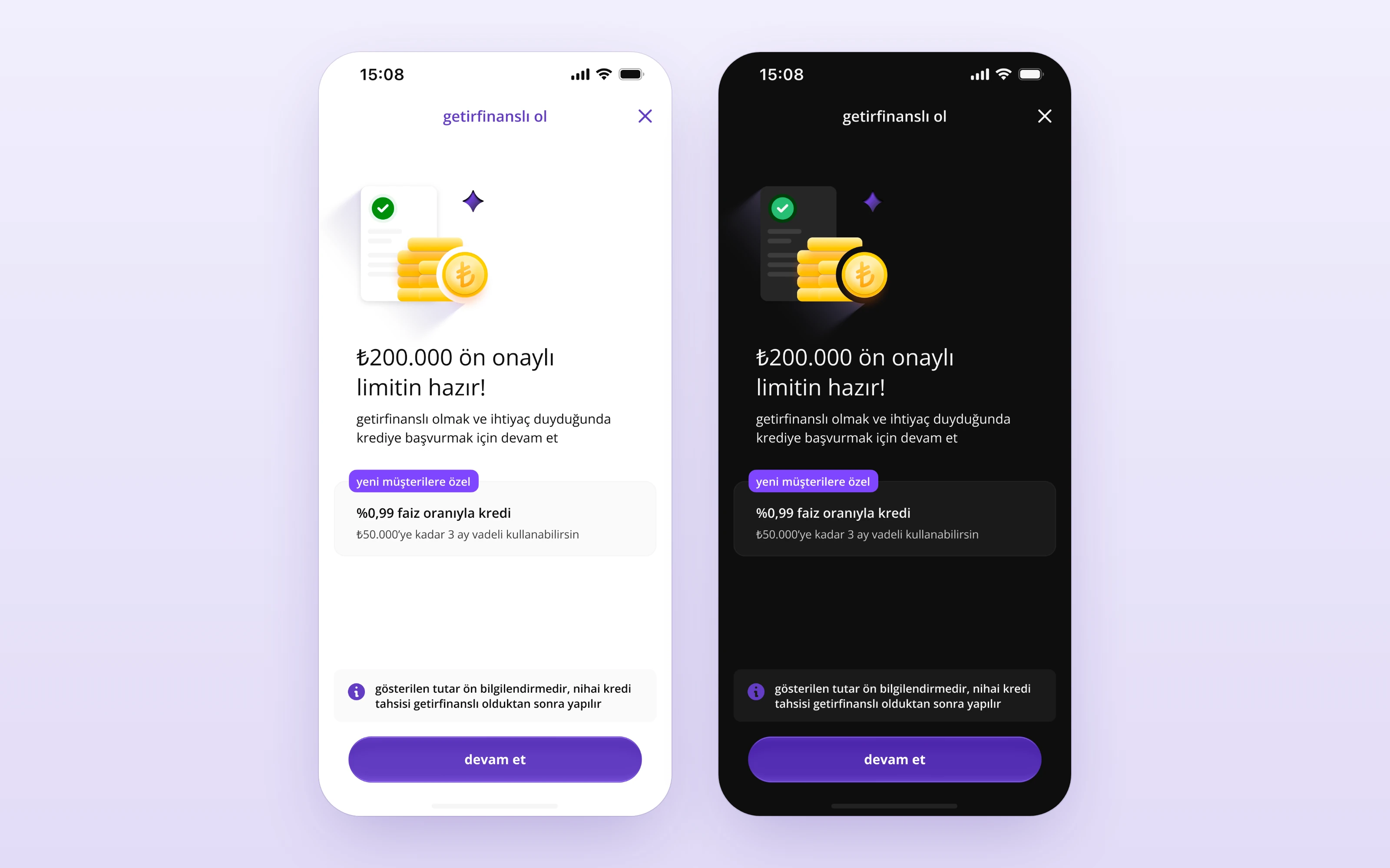 Concept screens for a pre-approved limit, light mode beside dark: a soft 3D illustration of a checked document, gold and a lira coin, an offer card with a badge on its edge, and a Liquid Glass continue button