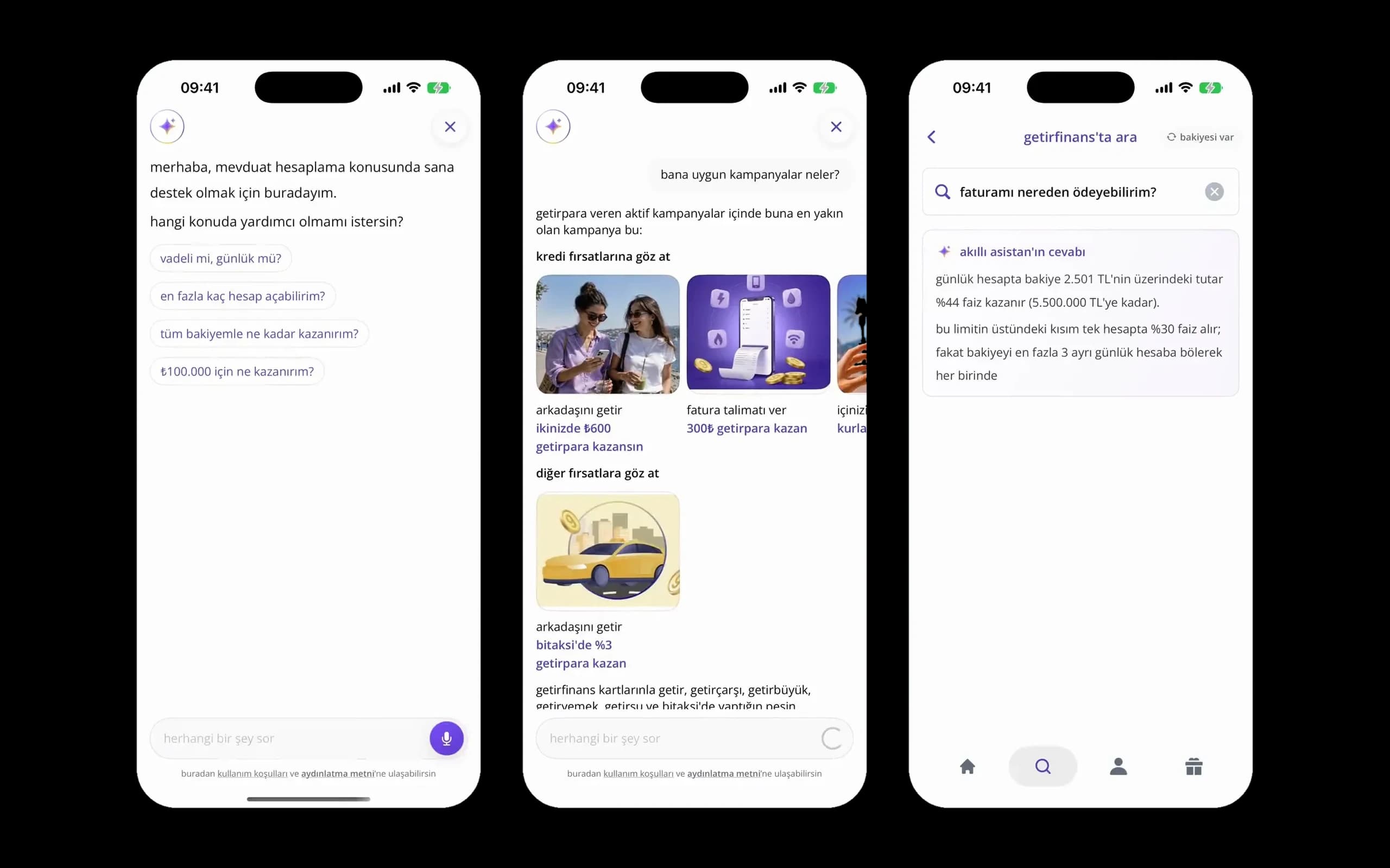 Three GetirFinans screens: the assistant's opening prompts, a campaign answer, and an AI answer inside search