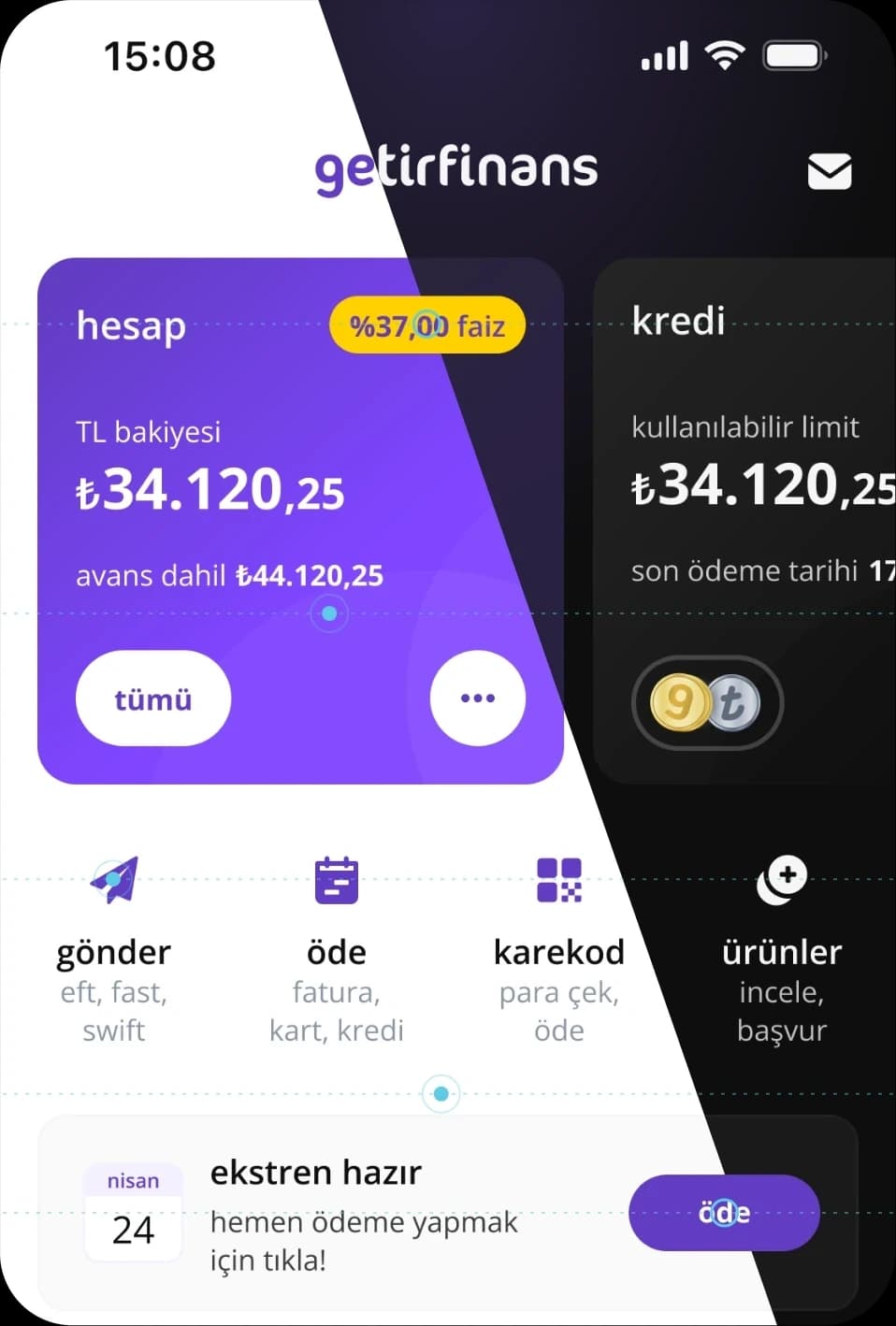 The GetirFinans home screen split diagonally between light and dark mode, with each marked color's light value on the left and dark value on the right