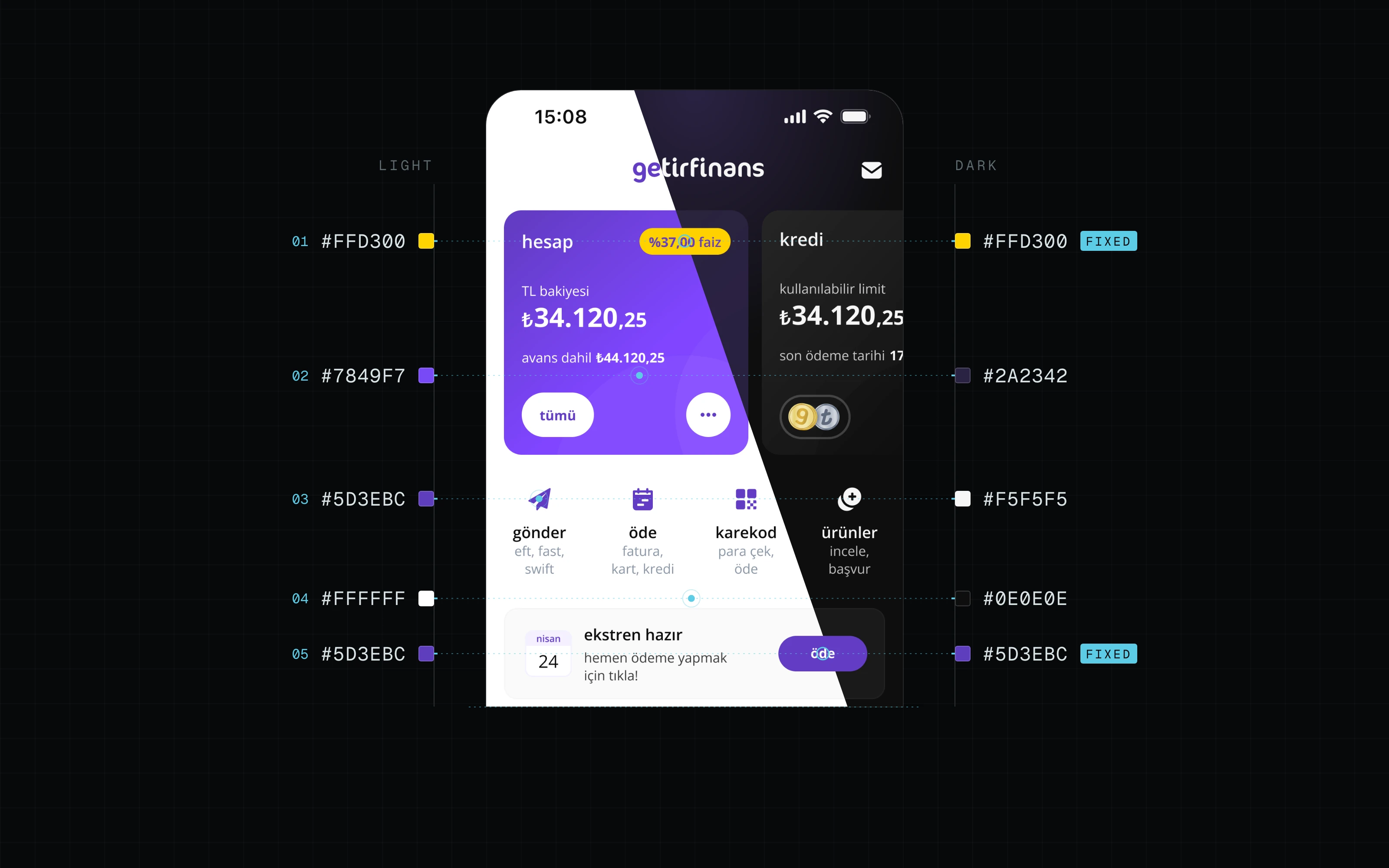 The GetirFinans home screen split diagonally between light and dark mode, with each marked color's light value on the left and dark value on the right